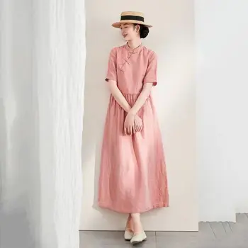 2023, женское хлопковое льняное платье с короткими рукавами в китайском стиле с ретро-пряжкой, свободное и тонкое льняное розовое платье трапециевидной формы в восточном стиле в китайском стиле