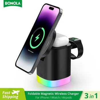 Bonola LED Light 3 в 1 Магнитное Беспроводное зарядное устройство с интегрированной Подставкой для AirPods Pro/iWatch 15 Вт Беспроводная зарядка для iPhone 14/13