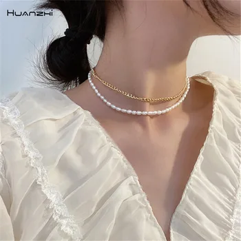 HUANZHI 2020 Винтажное ожерелье из натурального пресноводного жемчуга, Металлическая цепочка, Двухслойное Ожерелье для женщин, Вечерние украшения для девочек
