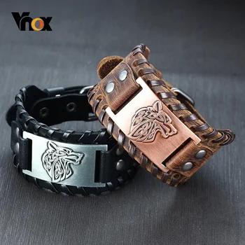 Vnox, мужские Кожаные браслеты в стиле рок-панк, Волк,Викинг, Винтажный компас, шарм, мужские украшения на запястье, регулируемая Длина