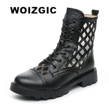 WOIZGIC/ Женские Ботильоны из натуральной кожи на платформе с открытой шнуровкой, Летние дышащие, Большие размеры 35-42