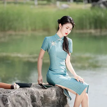 Yourqipao Летнее Улучшенное платье Ципао в китайском стиле в стиле ретро, Модное Тонкое Платье средней длины с высоким разрезом, Однослойное Платье Ципао в китайском стиле для женщин