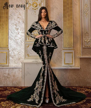 Великолепное вечернее платье с вышивкой из тяжелых кристаллов, Глубокий V-образный вырез, Длинный рукав 