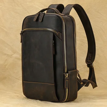 Винтажный дорожный рюкзак, кожаный рюкзак с двойной молнией, мужской кожаный рюкзак Crazy Horse, кожаная дорожная сумка ручной работы, мужская сумка