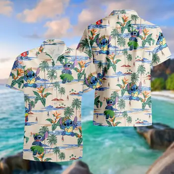 Гавайские рубашки Stitch Мужские и женские рубашки Disney Гавайские рубашки Повседневные винтажные мужские рубашки на пуговицах Пляжные рубашки Stitch