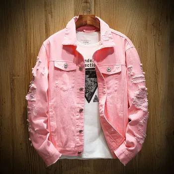 Джинсовая куртка Мужская С рваными отверстиями, Мужские Розовые джинсовые куртки, Новая Одежда, Выстиранное Мужское джинсовое пальто, Дизайнерская одежда