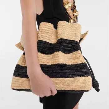 Дизайнерская Соломенная сумка в полоску, Богемные плетеные сумки из ротанга для женщин, Летние сумки на шнурке, Пляжные сумки, кошельки