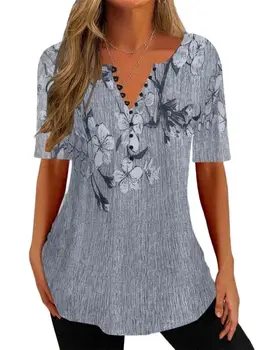 Женская блузка 2023, весенне-летняя рубашка с принтом, Свободная женская рубашка с V-образным вырезом и коротким рукавом, плиссированная рубашка на пуговицах
