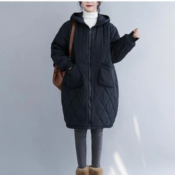 Корейская женская зимняя куртка 2021, Новая Повседневная Свободная Куртка с Карманом в виде Бриллианта, Капюшоном на Молнии, Теплое Пальто средней длины, Женская Одежда 2020 K3220