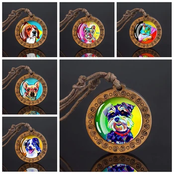 Красочный деревянный кулон в виде Собачьей головы, акварельное художественное Ожерелье из стеклянного кабошона, ювелирные изделия в стиле хип-хоп