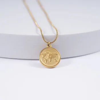 Медаль с картой мира, ожерелье из нержавеющей стали Для женщин, Металлические ожерелья с монетами 