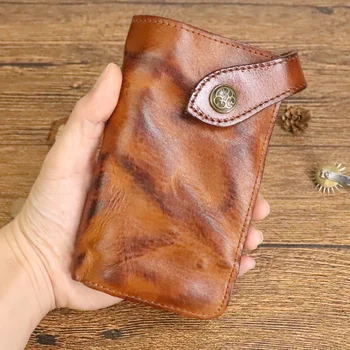 Мужской кошелек из натуральной кожи в стиле ретро, модная сумка для карточек с длинным рукавом растительного дубления