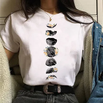 Новая модная женская футболка, топы с лунным акварельным цветочным принтом, женская футболка с коротким рукавом, милые футболки для девочек 90-х годов, женские футболки