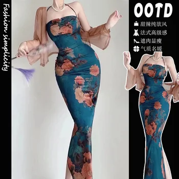 Новое китайское жаккардовое платье Hanfu с подвешенным вырезом, слегка толстый бюстгальтер, Длинная юбка, Облегающий Комплект из мяса