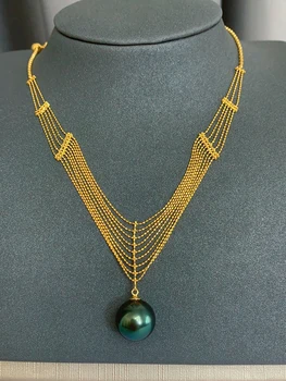 Ожерелье с подвеской из черного жемчуга Таити, зеленый павлин, 14-15 мм, натуральный жемчуг морской воды, 18-каратное золото, круглая цепочка для свитера, женский