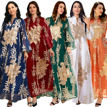 Платье Абайя, расшитое золотыми бусинами, мусульманское женское, Дубай, арабские европейские и американские модные тенденции