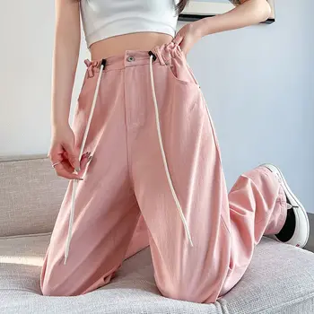 Розовые прямые джинсы с завязками на талии Для женщин, Летние Джинсовые широкие брюки со свободными карманами, Женские весенние джинсовые брюки 850