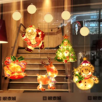 Светодиодные рождественские огни на присосках, украшение окон в стиле Санта-Клауса, снеговика, лося, фестивальный светильник для рождественского оформления домашней комнаты