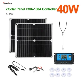 Солнечная панель мощностью 20 Вт/40 Вт, Солнечные батареи, USB + Выход постоянного тока, контроллер 30A-100A, мобильный телефон, Легкая Портативная солнечная система для кемпинга на открытом воздухе